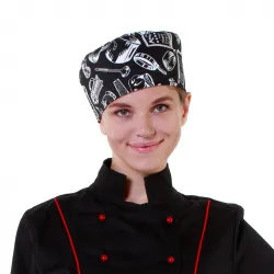 Купить шапочка повара таблетка поварёшки и кастрюли на чёрном фоне [00400] в Ижевске – цена завода, доставка до двери | RuOborudovanie.ru